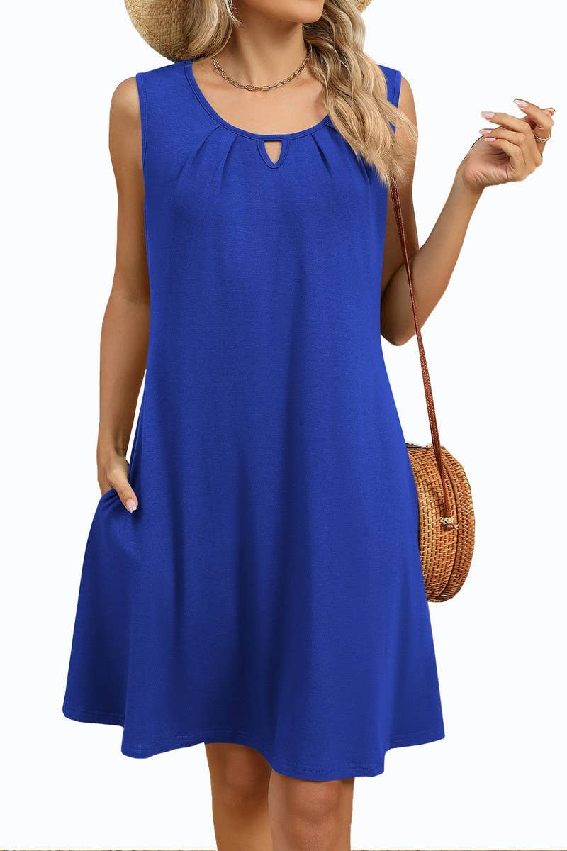 CWDSD8718_SOLID V-NECK RUCHED POCKET SLEEVELESS DRESS