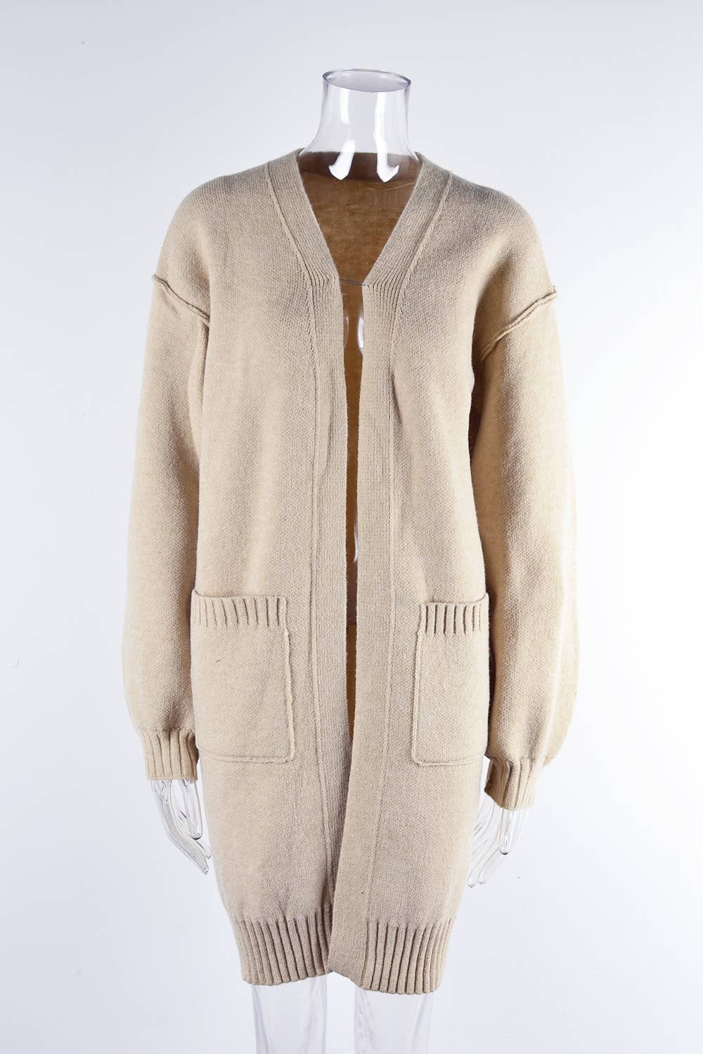 KNIT SOLID POCKET LONG FASHION SWEATER JACKET