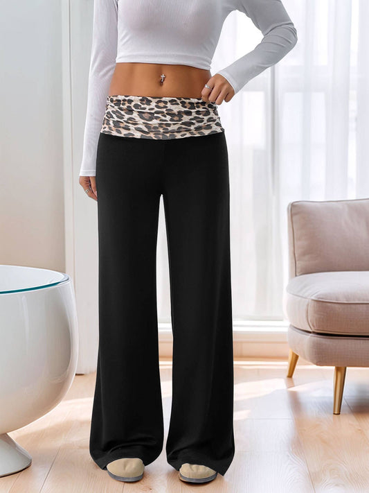 Color-blocking leopard print wide-leg pants