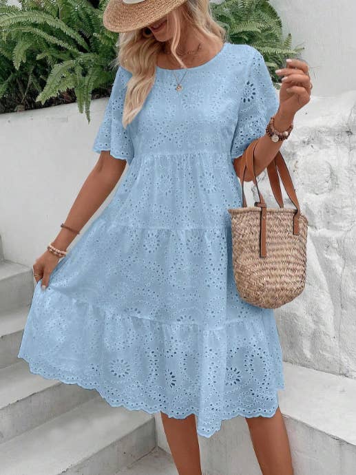 SOLID-COLOR COTTON EMBROIDERED LACE CUTOUT DRESS_CWDSD10724