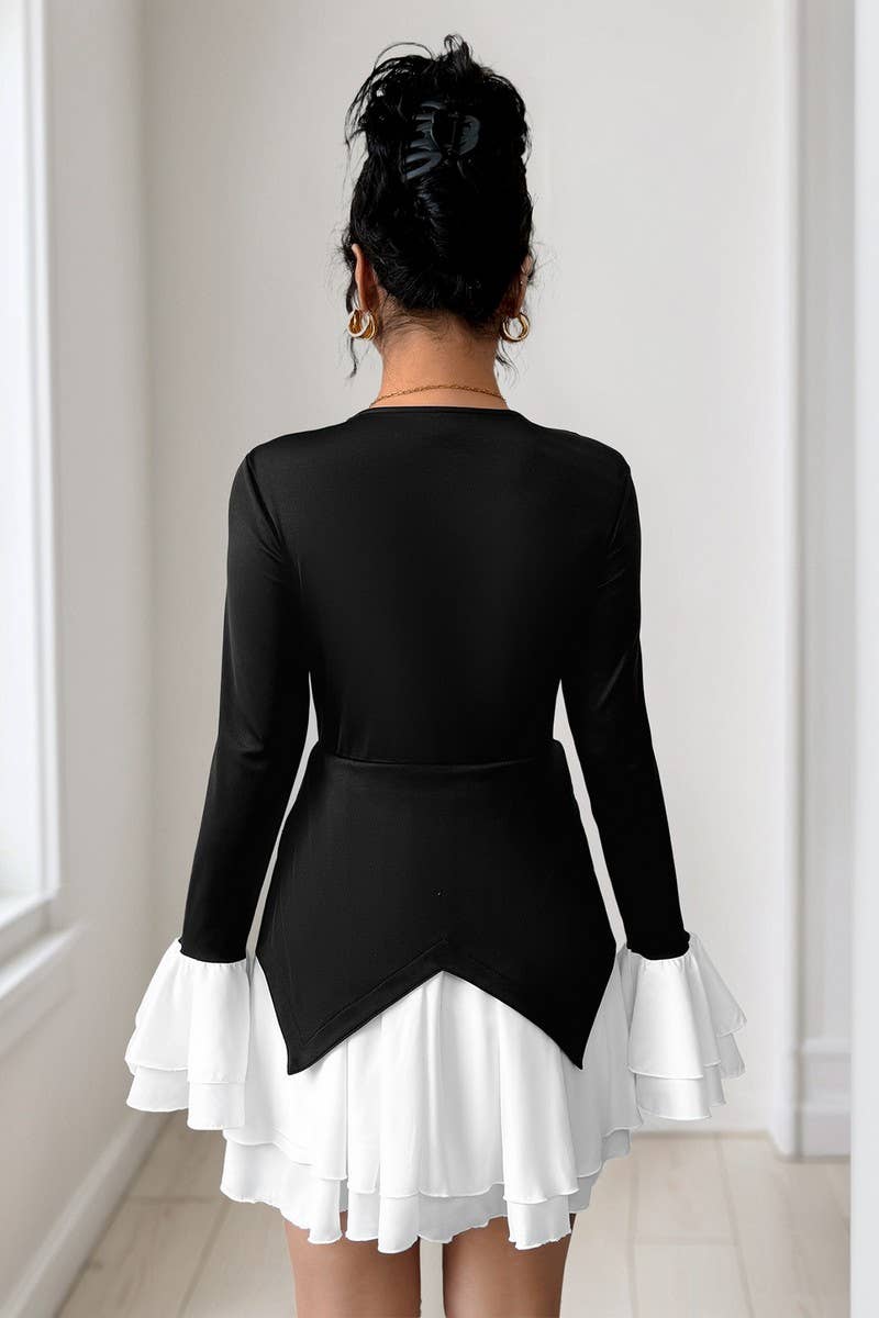 CWDSD8744_COLORBLOCK RUFFLE TRIM LONG SLEEVE DRESS
