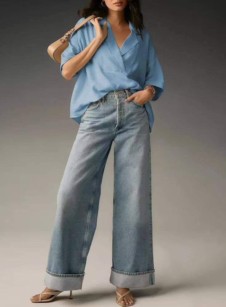 V-neck casual loose solid-color shirt