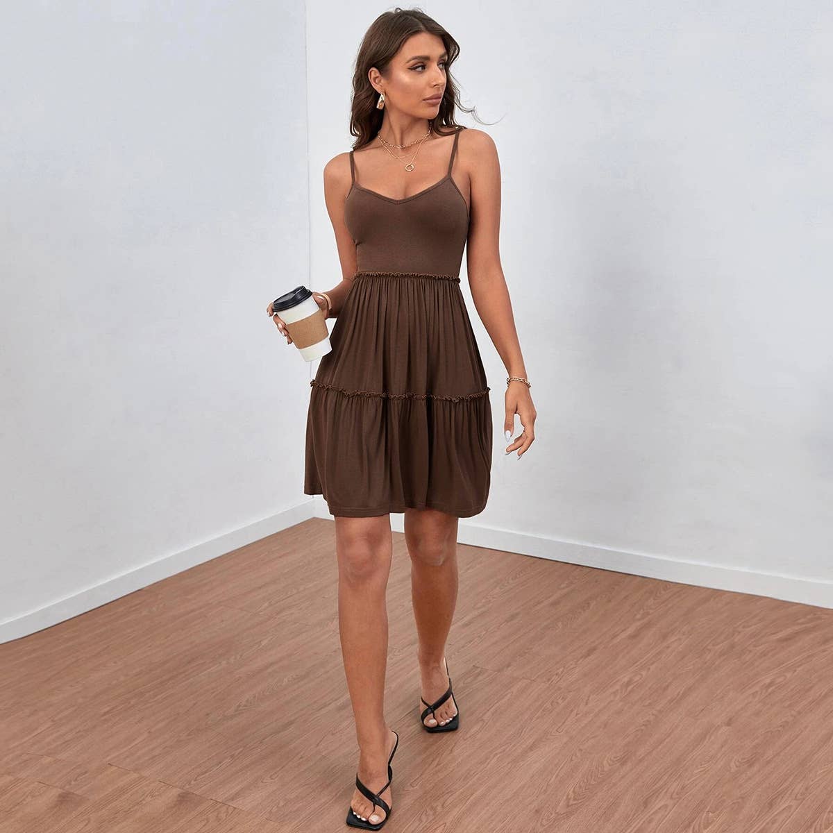 Sexy casual V-neck cinched waist halter dress