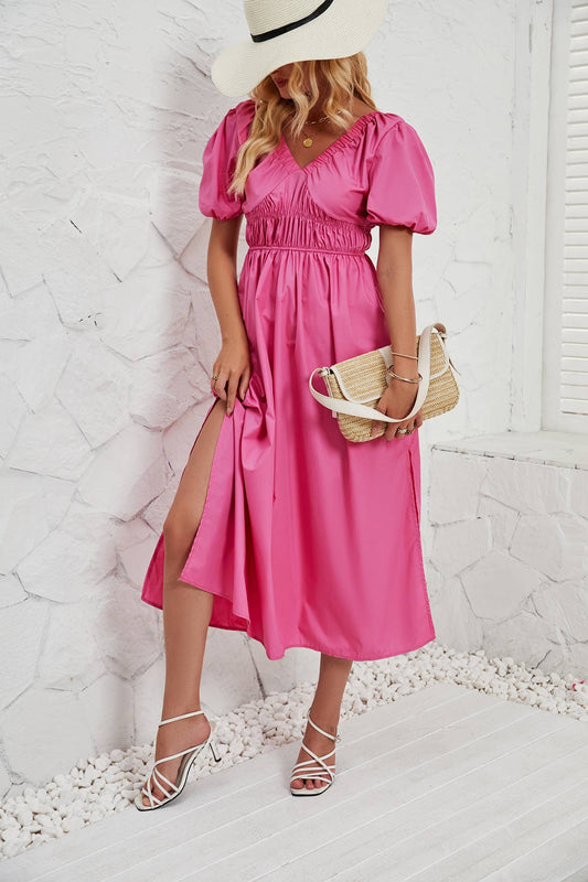 LOOSE TUNIC SKIRT V-NECK SHORT-SLEEVED DRESS