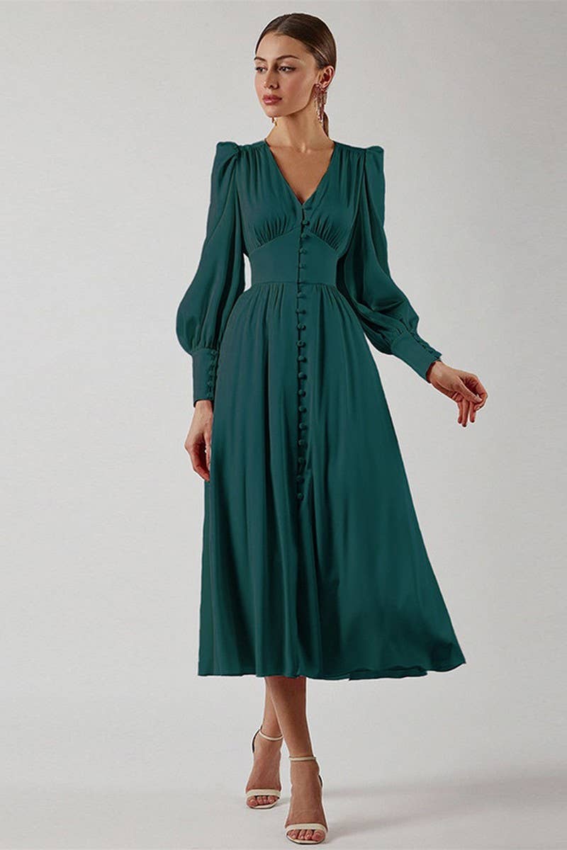 CWDMD4255_V-NECK SATIN PALACE RETRO LONG SLEEVE DRESS