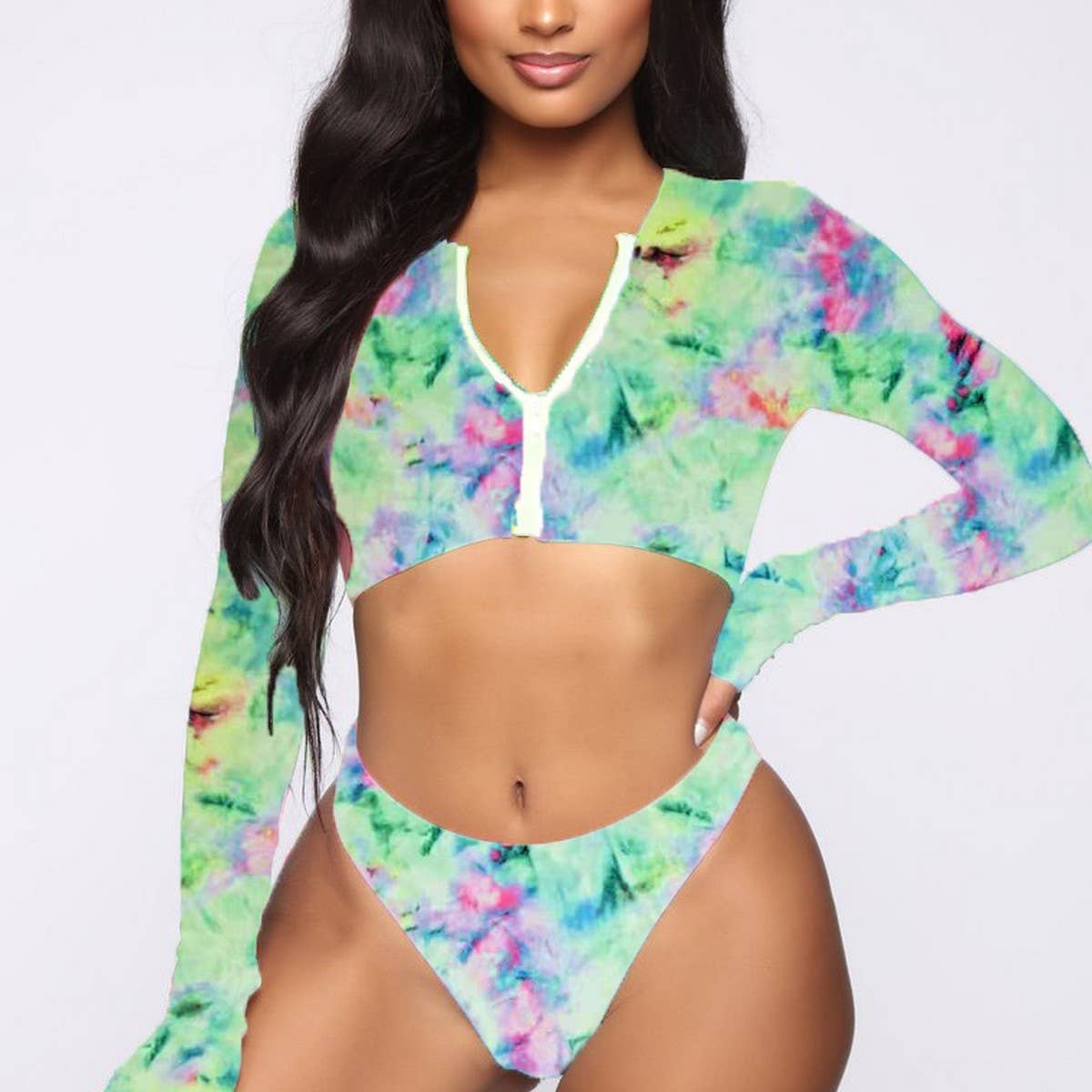 Womens Tie-Dye Bikini Set - Long Sleeve Swimsuit