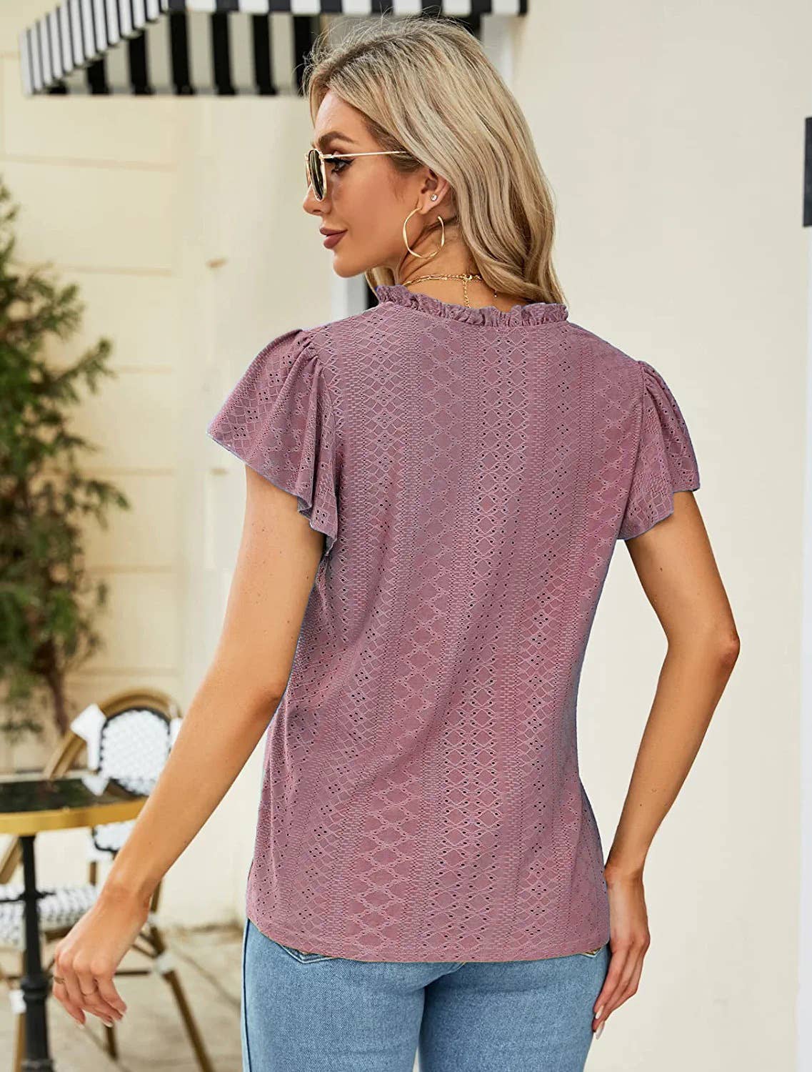 JACQUARD V-NECK STACK SLEEVE T-SHIRT TOP