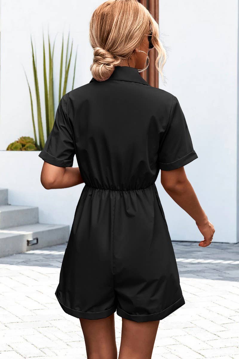 SHIRT COLLAR SHORT SLEEVE LACE UP SHORT JUMPSUIT_CWSJS0417