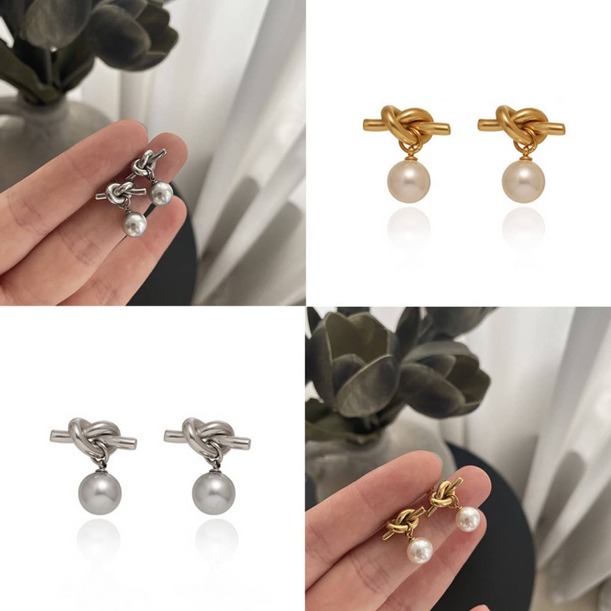 Rope Knot Grey Pearl Stud Earrings Gold White