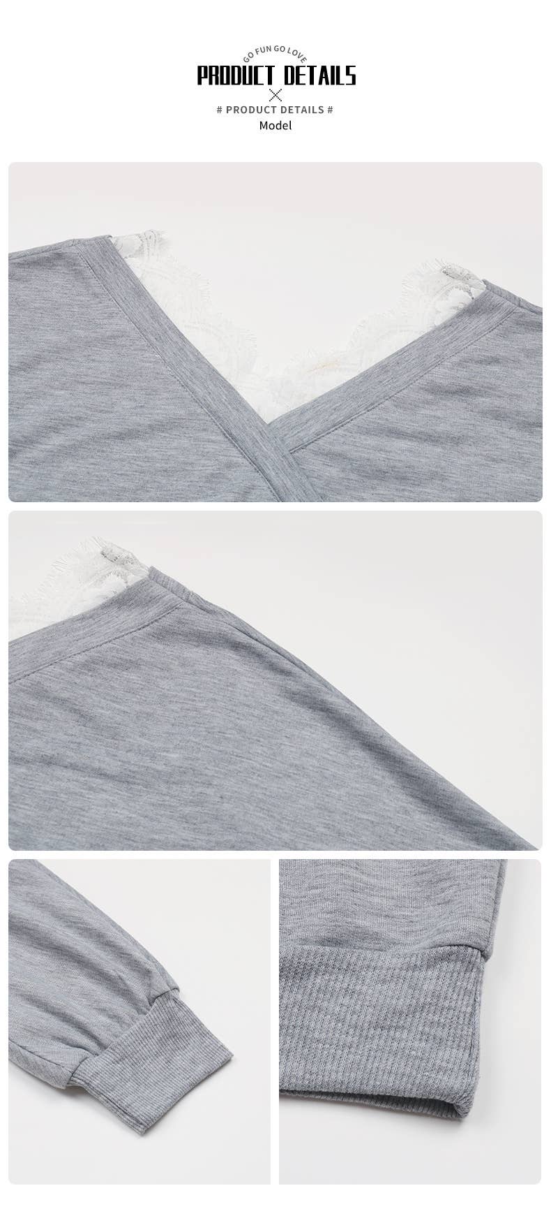 V-neck lace patchwork fashionable pullover shirt