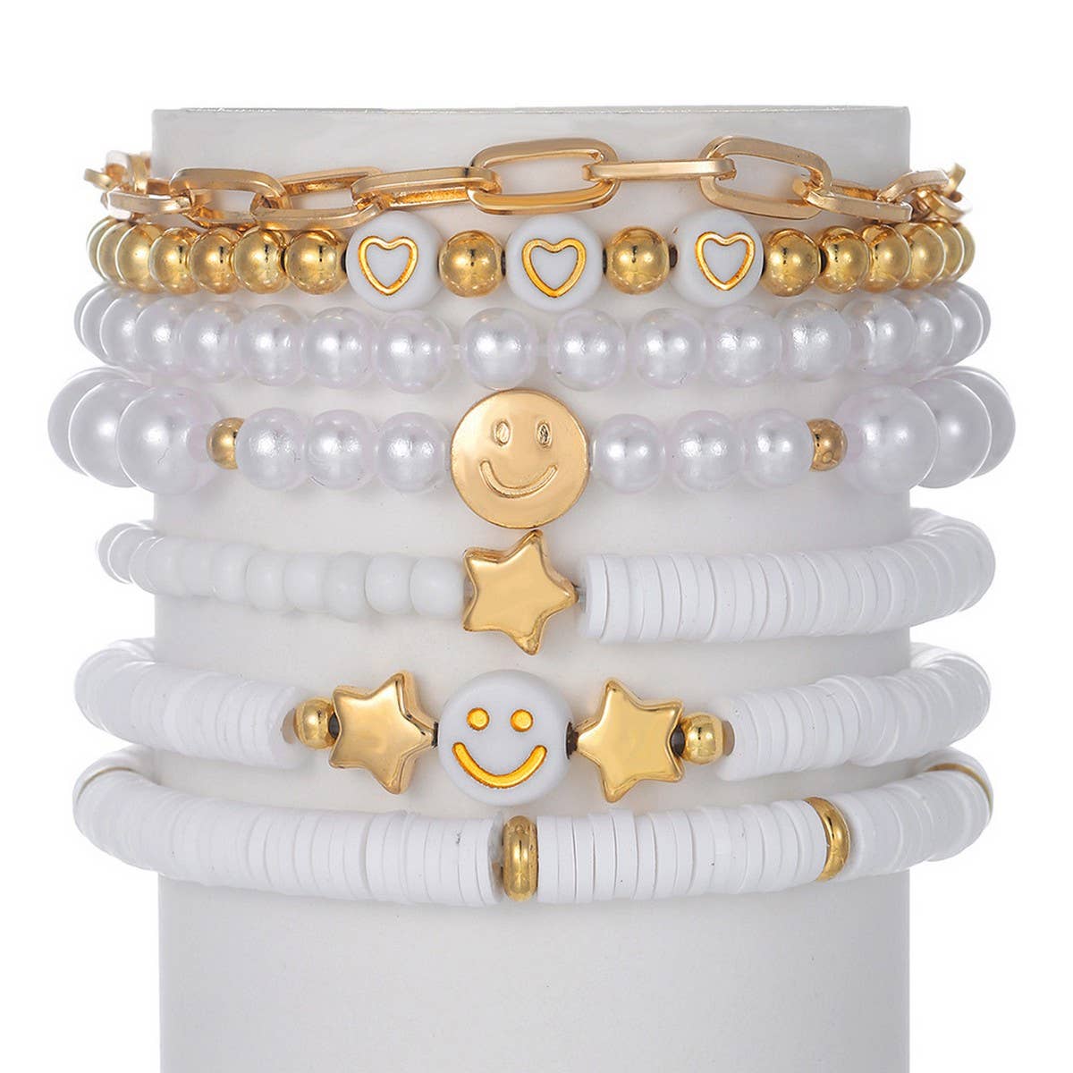WHITE POLYMER CLAY STAR SMILEY FACE BRACELET SET