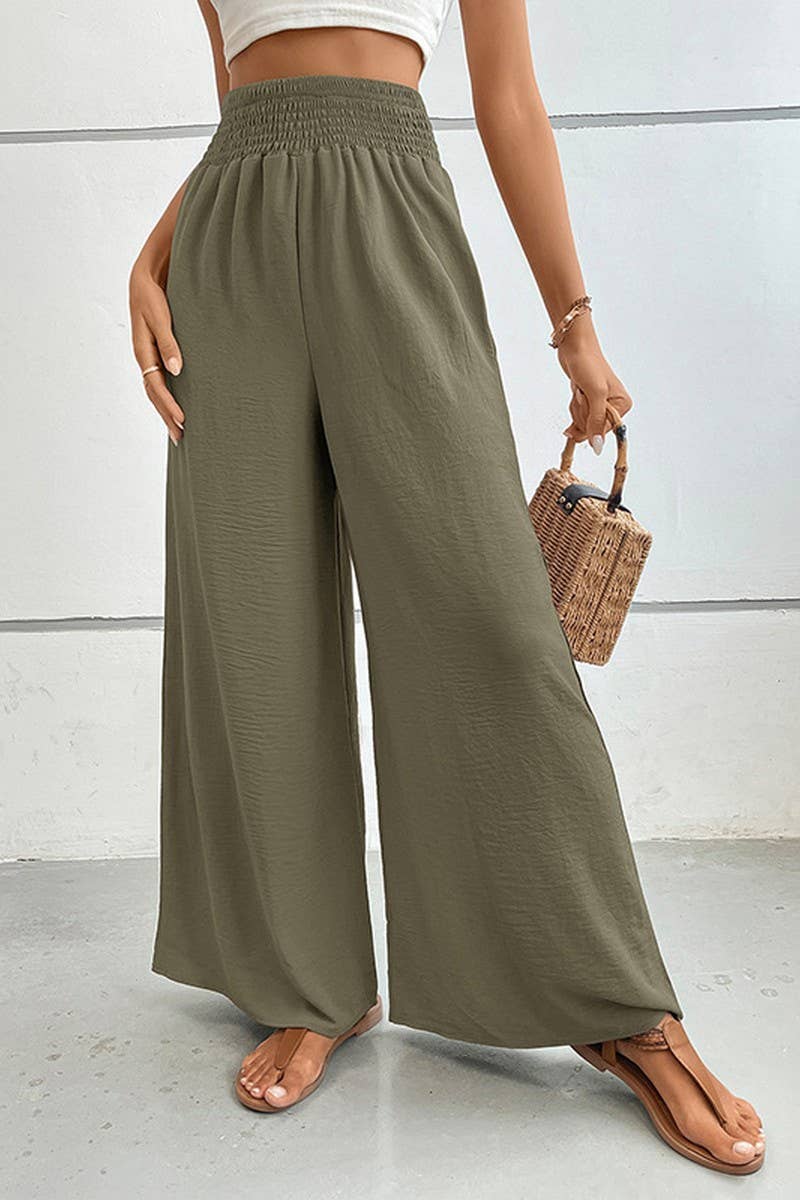 CWBLP00931_HIGH WAIST SOLID ELASTIC WIDE LEG CASUAL PANTS