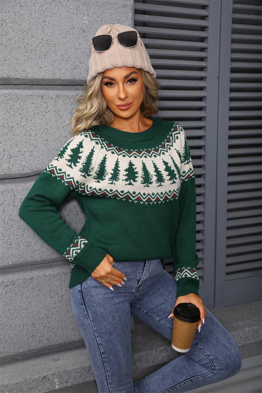 Round-neck jacquard Christmas tree green sweater