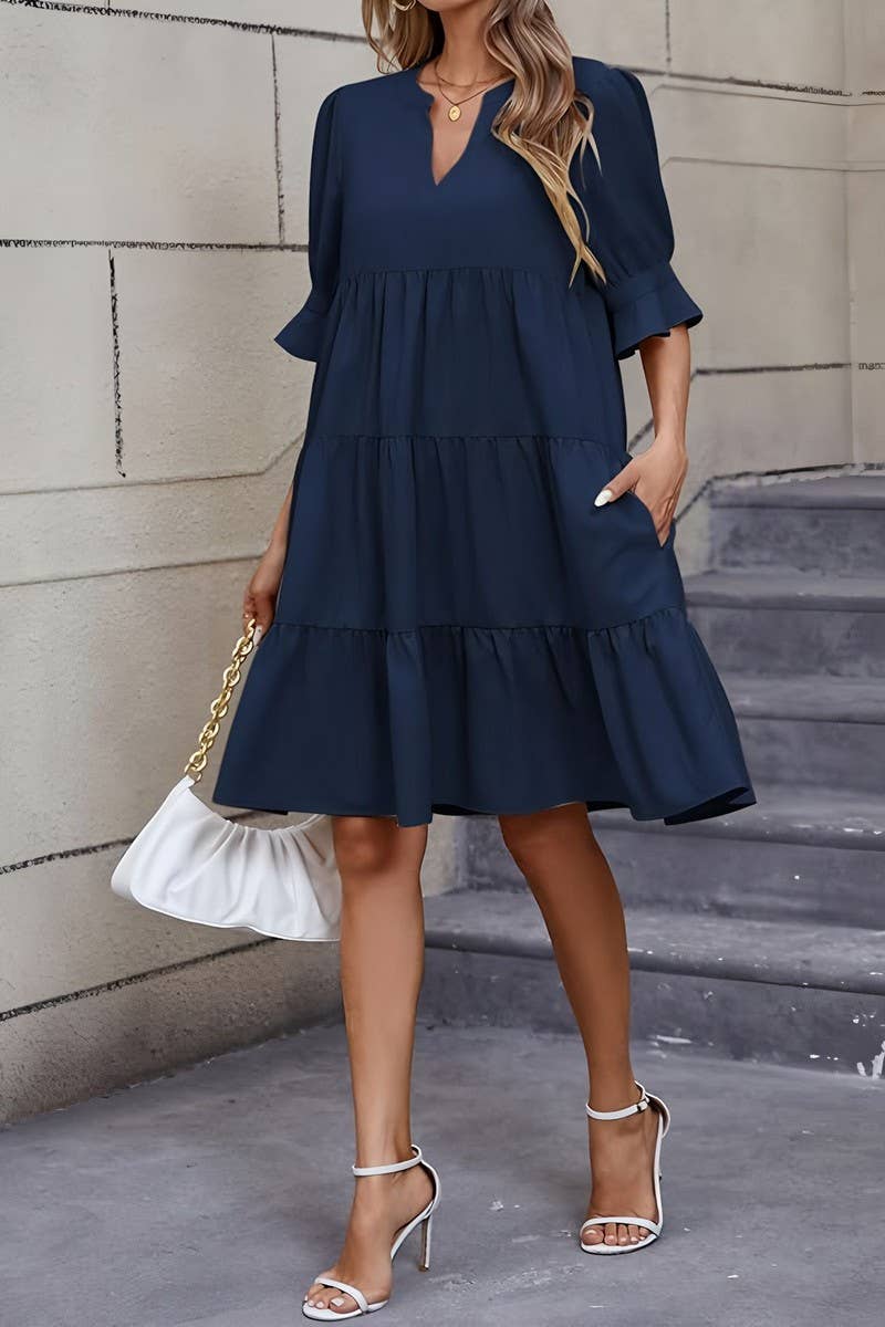 CWDSD10631_FASHIONABLE V-NECK SOLID COLOR LOOSE DRESS