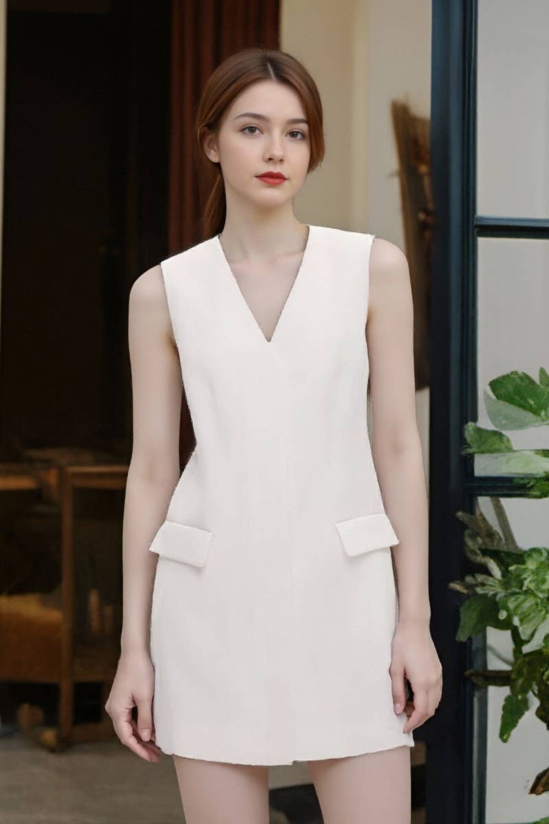 CWDSD8886_SOLID V-NECK SLEEVELESS HIGH WAIST MINI DRESS