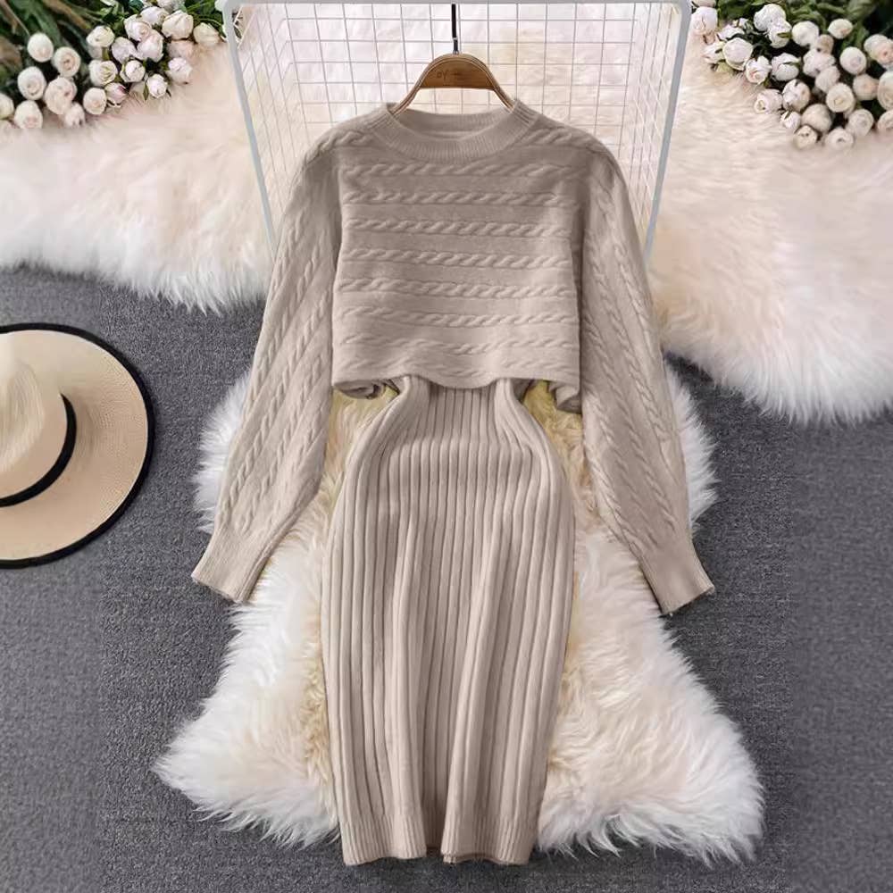 Fleece Knitted Top With Halter Wool Skirt Set