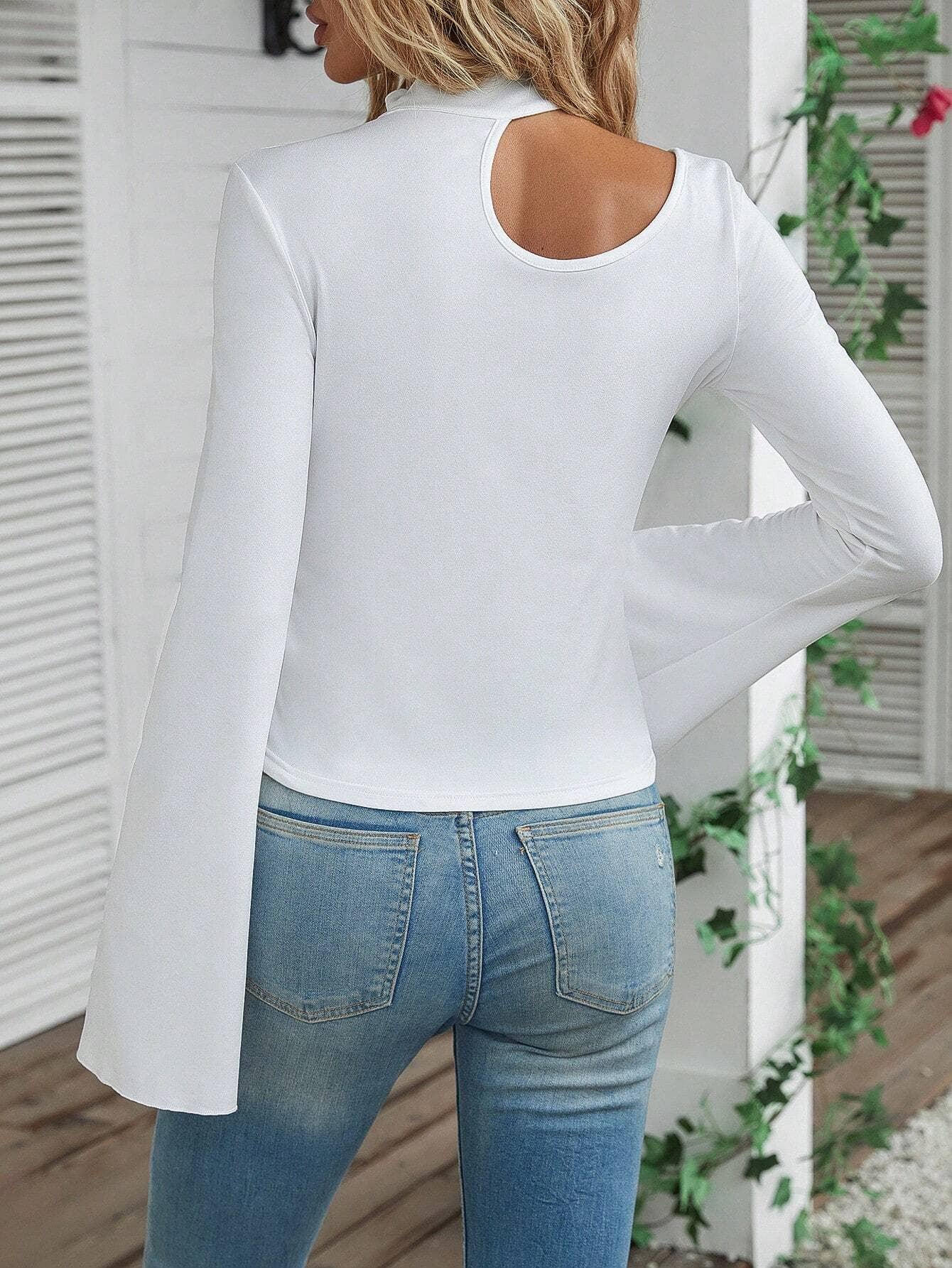 LONG SLEEVE SEXY HOLLOW-OUT FLARED SLEEVE T-SHIRT