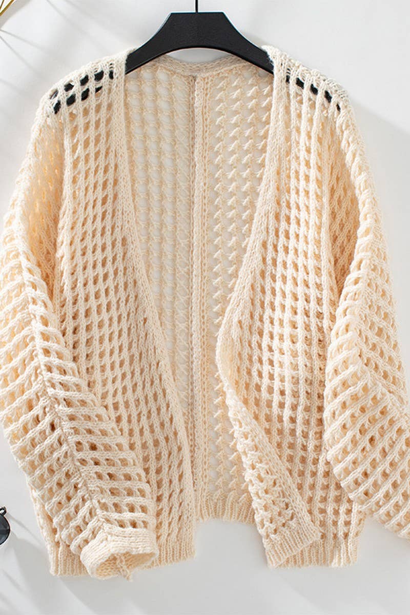 CWOCAL0838_SOLID COLOR HOLLOW LONG-SLEEVED KNITTED CARDIGAN