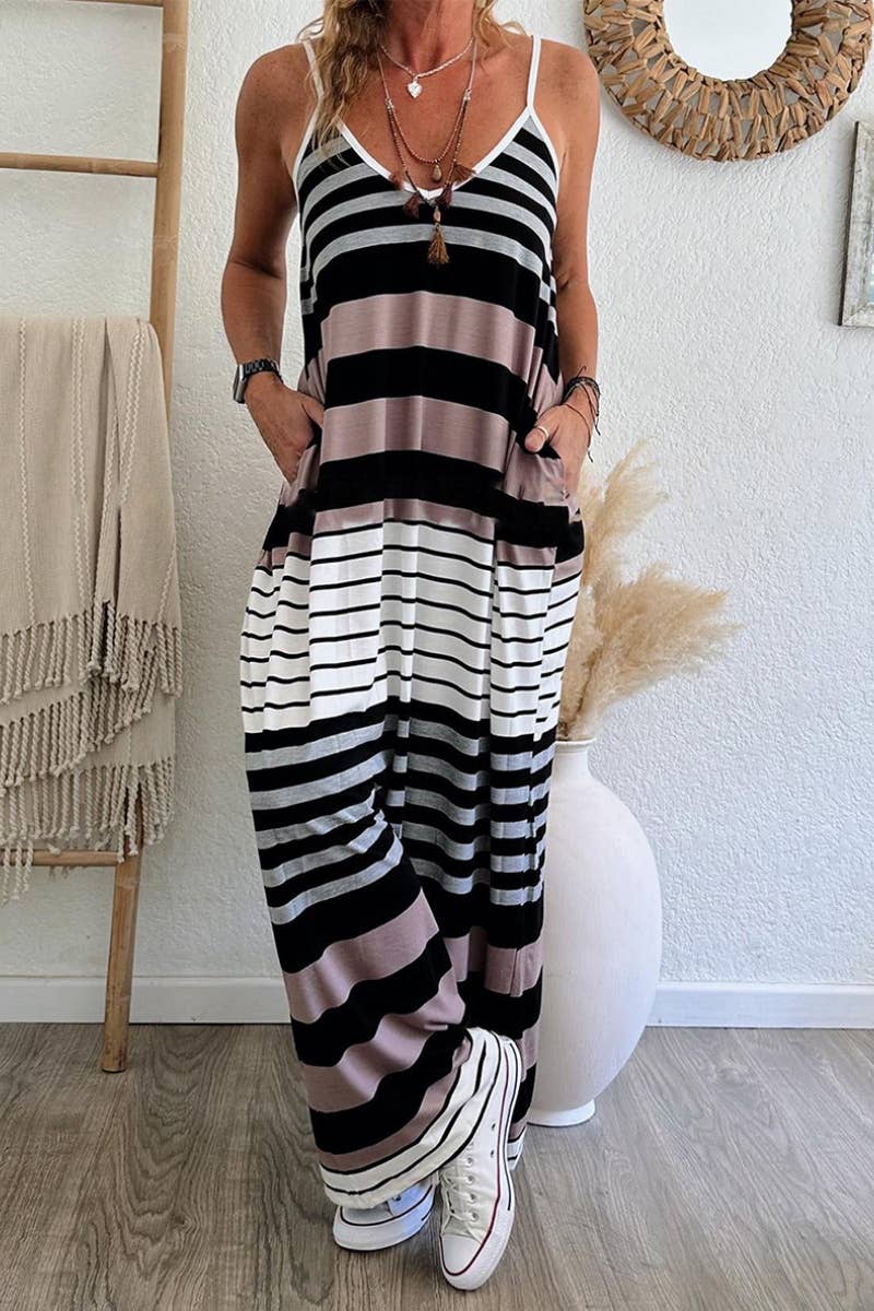 CWDHL0589_V-NECK SLEEVELESS HALTER STRIPED DRESS LONG
