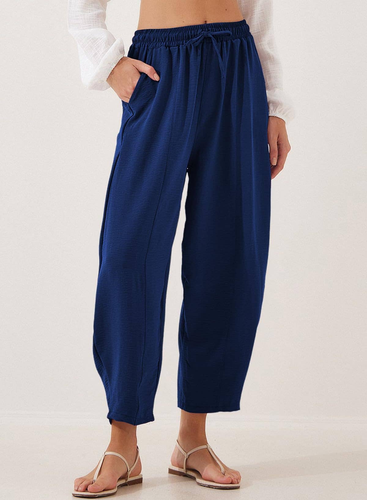 High-waisted loose casual pocket nine-inch pants