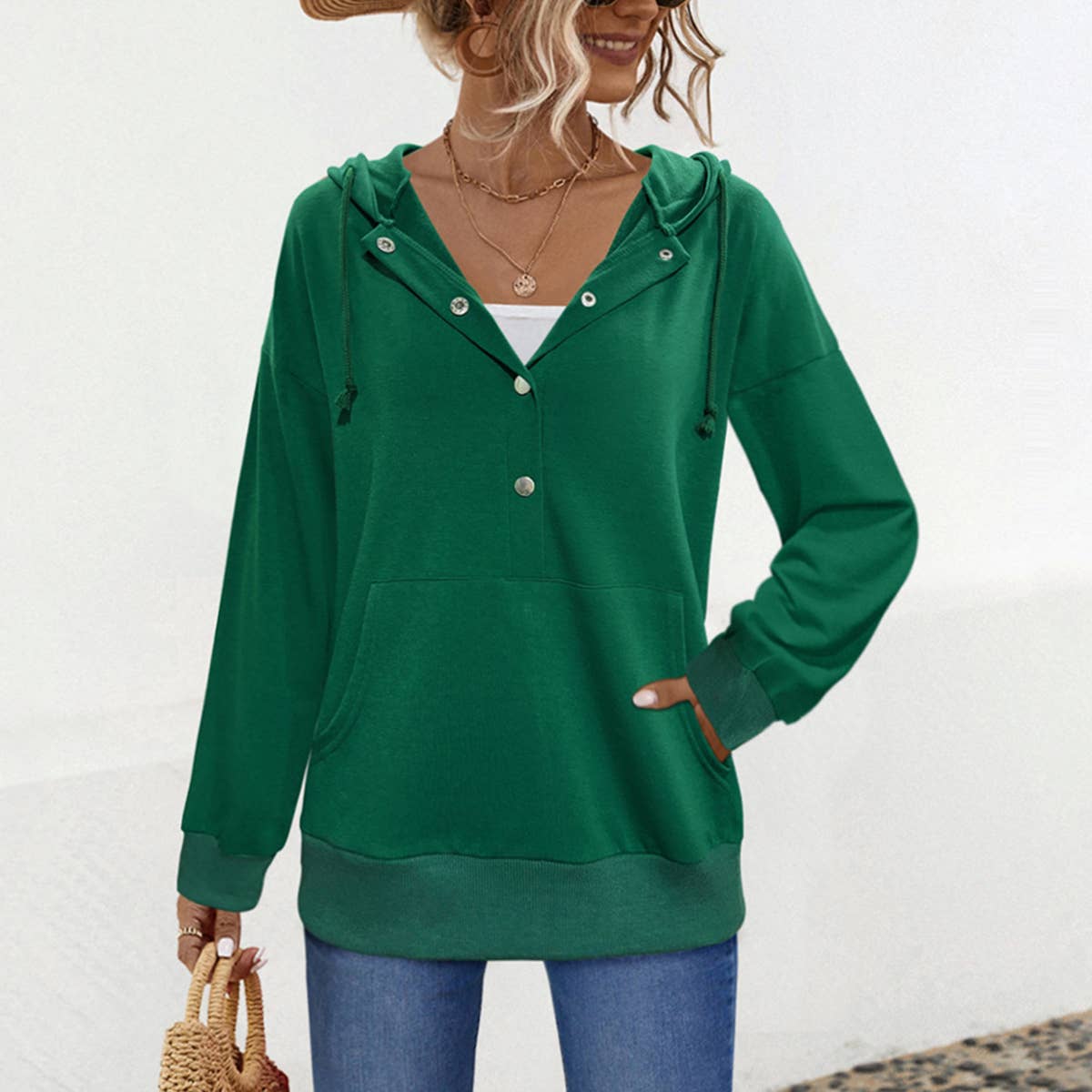 Pullover drawstring button pocket loose hoodie_cwohol0675