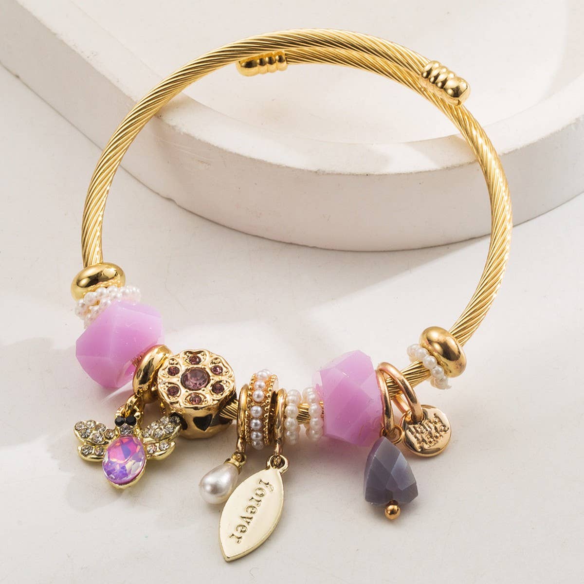 Trendy Stainless Steel Beaded Bee Charm Bracelet