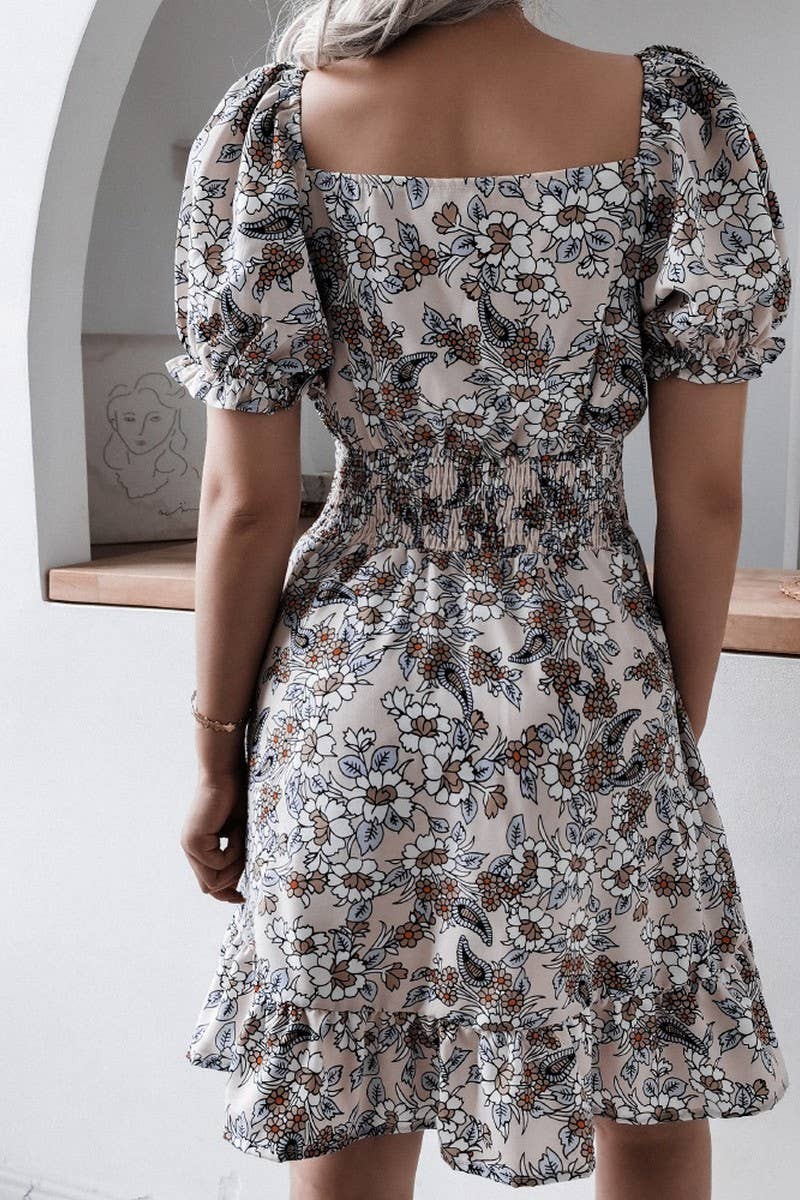 SQUARE COLLAR LANTERN SLEEVE FLORAL FLOUNCY DRESS_CWDSD2500
