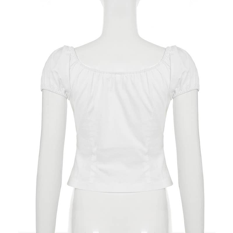 Hook-button lace patchwork puffed sleeve T-shirt