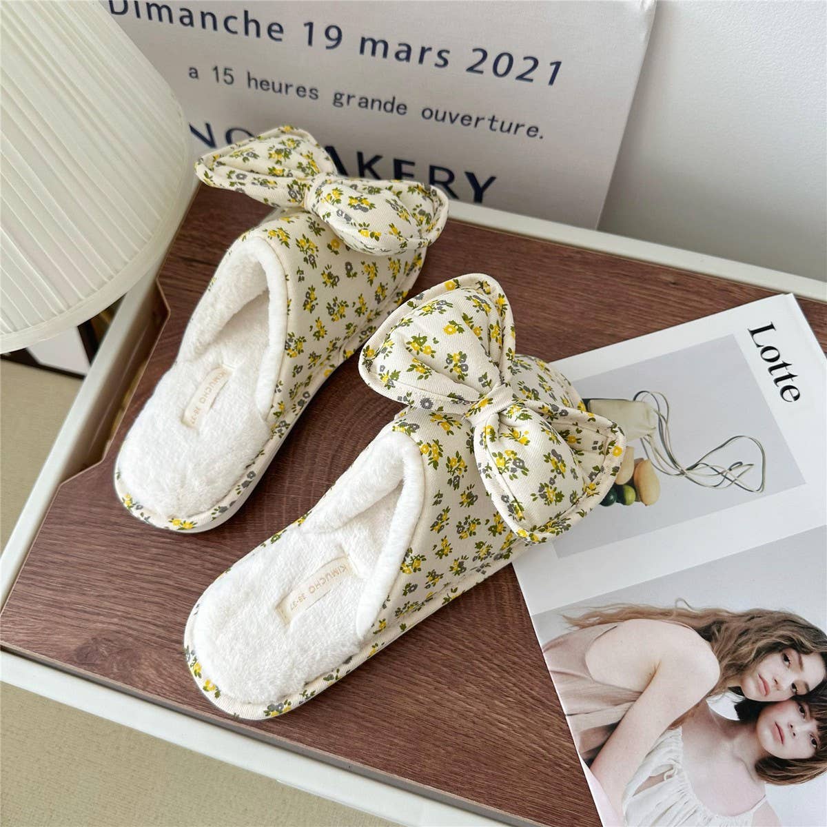 WOMEN'S BOWKNOT FLORAL PLUSH HOME SLIPPERS