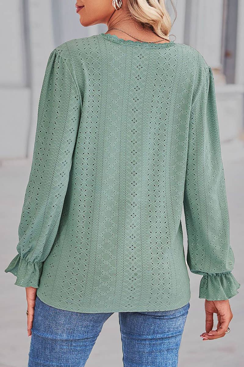 WOMEN LACE TRIM NECK EYELET LONG SLEEVE SHIRT TOP_CWTSTL0301