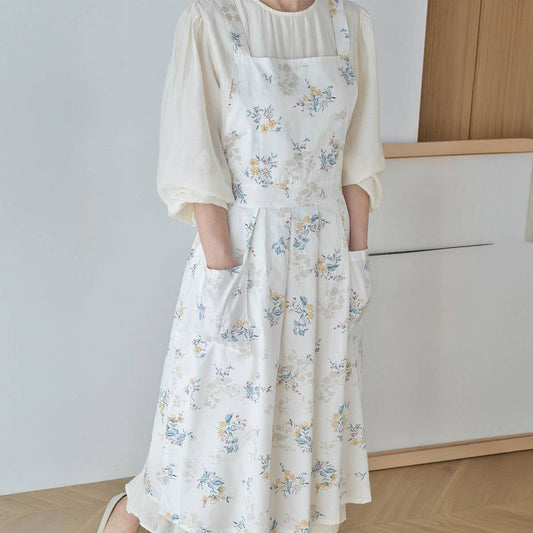 Extended Floral Print Linen Aprons with pockets_CWMM3306
