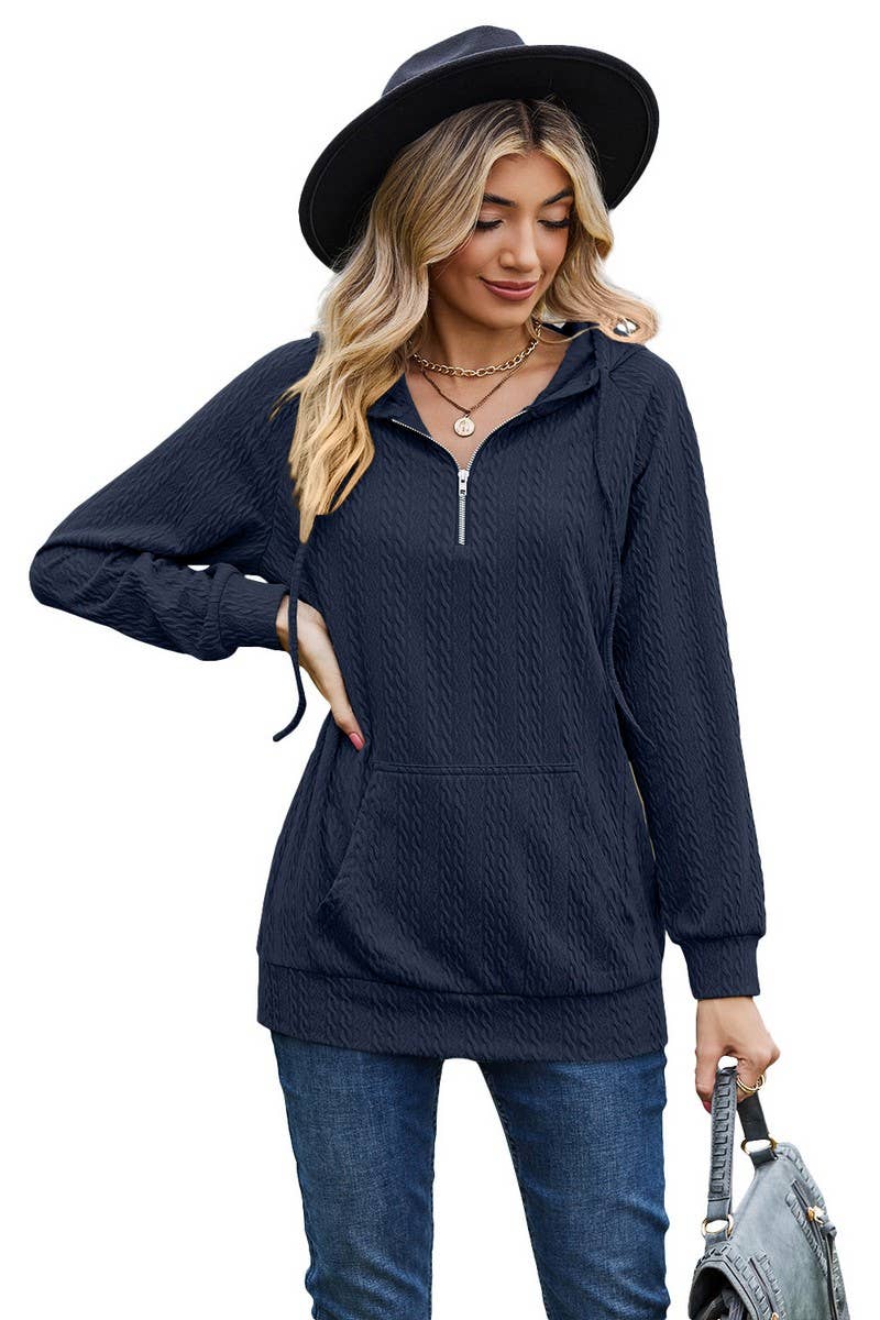 CWOHOL1094_HOODED ZIPPER LOOSE LONG SLEEVE SWEATSHIRT