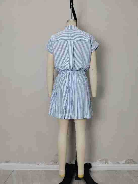 Striped lapel shirt, waist-cinching short dress