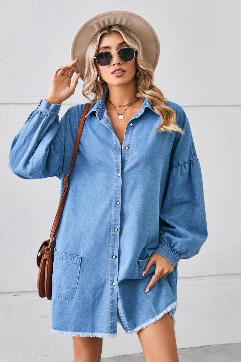 CWDSD10894_LOOSE DENIM FRAYED HEM LONG SLEEVE MIDI DRESS
