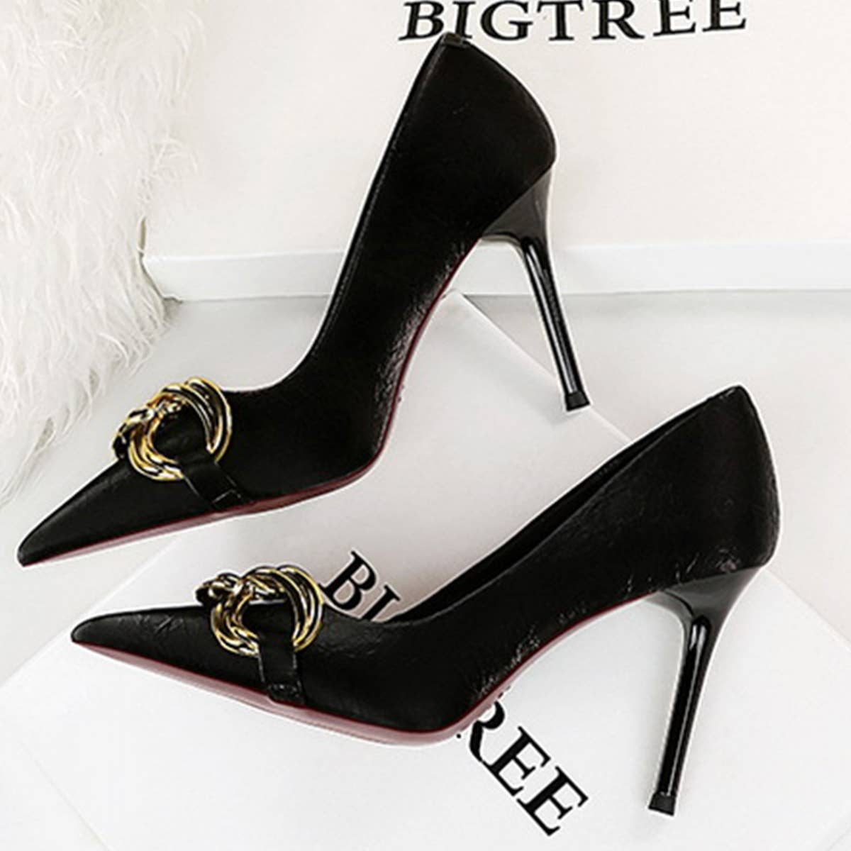SHALLOW-MOUTHED POINTED METAL BUCKLE HIGH HEELS