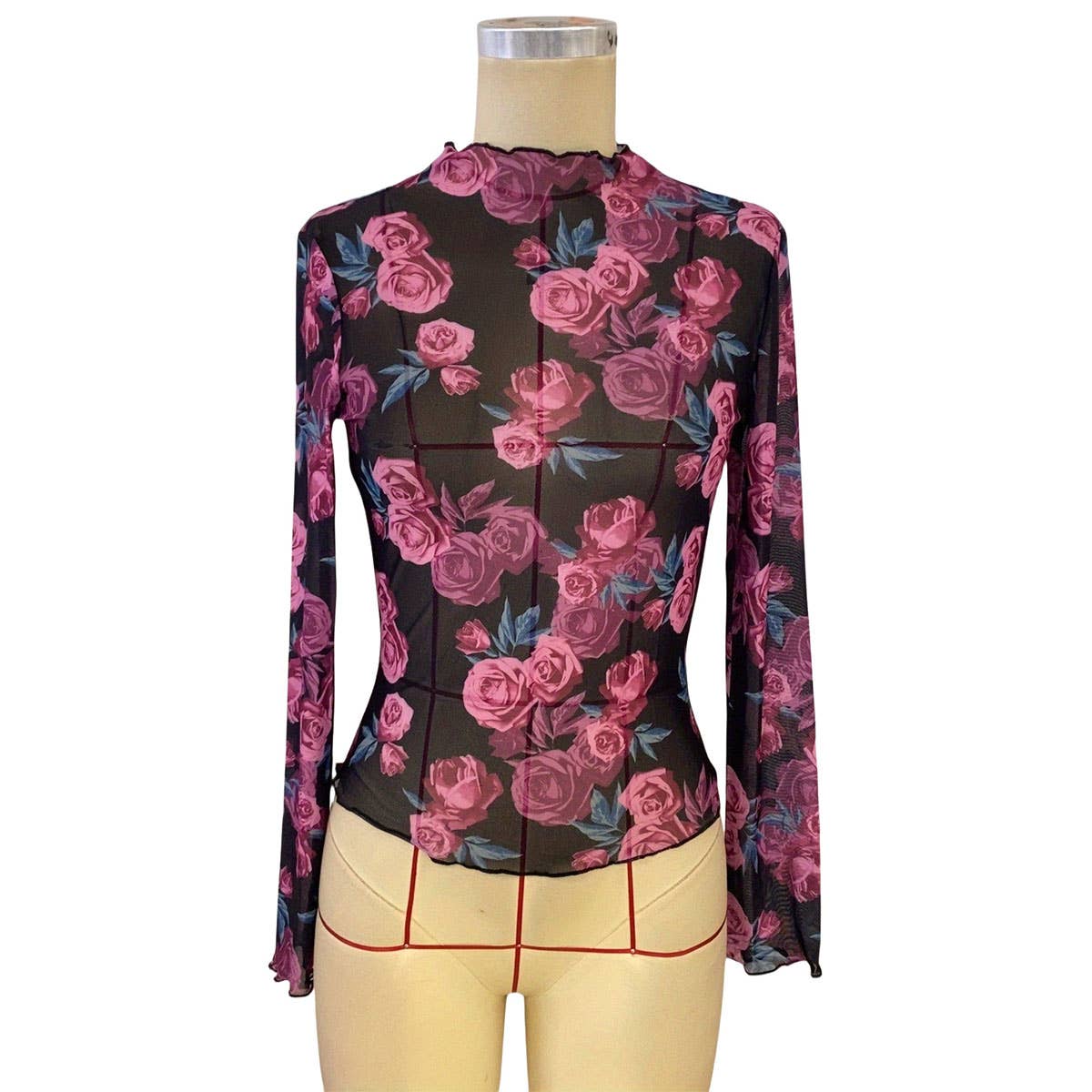 FLORAL-PRINT MESH LONG-SLEEVE MOCK NECK TOP