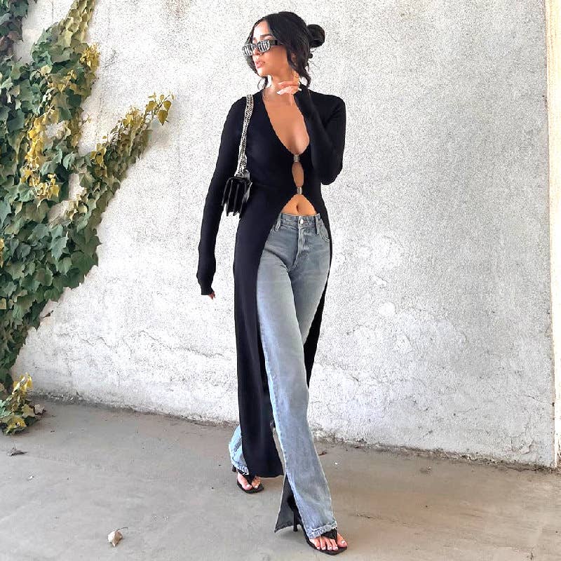 Fashion Sexy Lazy Deep V Crop Top Long Shirt