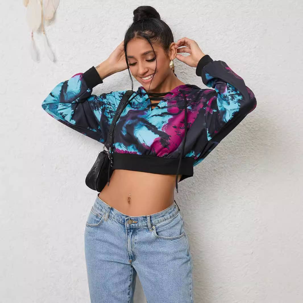 Slouchy tie-dye short long-sleeved crop hoodie