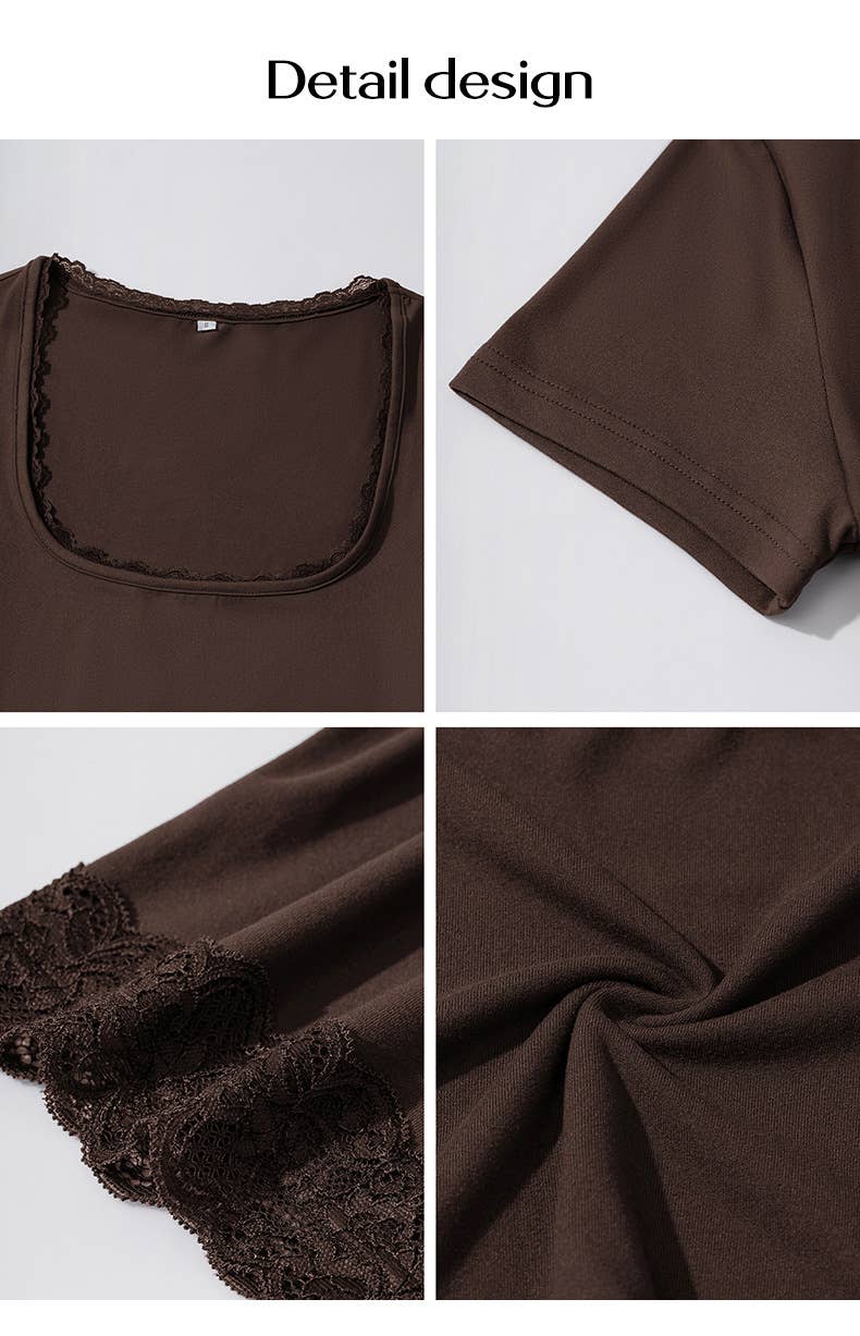 Y2K solid color lace patchwork short sleeve shirt