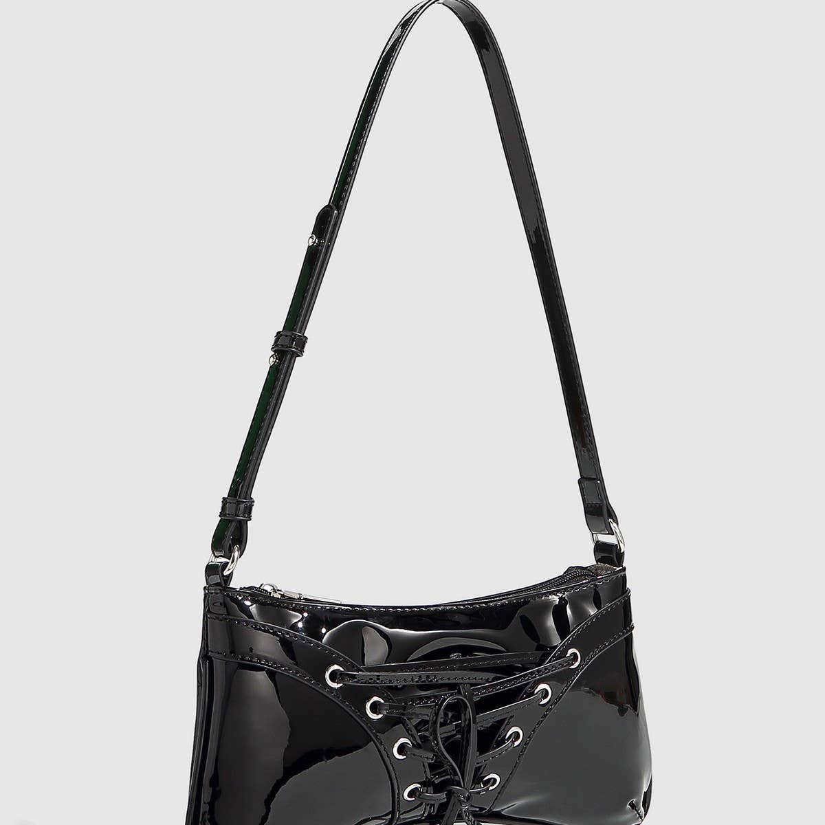 Glossy Bow Studded Drawstring Shoulder Bag_CWAB5704
