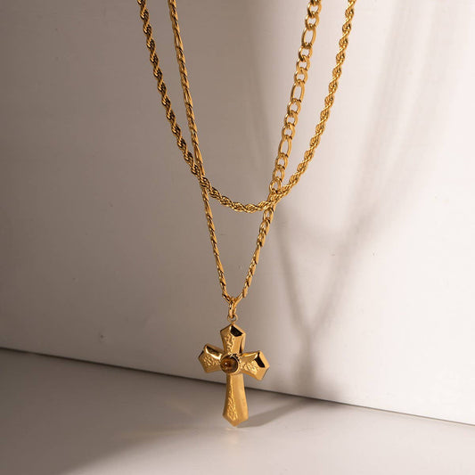 FRENCH PLEATED GOLD CROSS DOUBLE NECKLACE