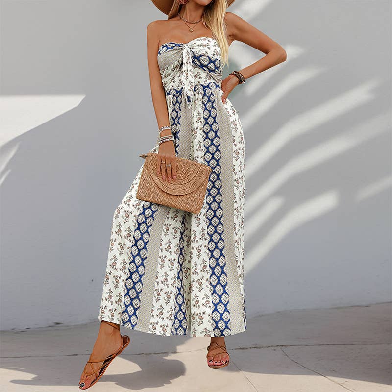 Ethnic print casual chaste wide leg jumpsuit