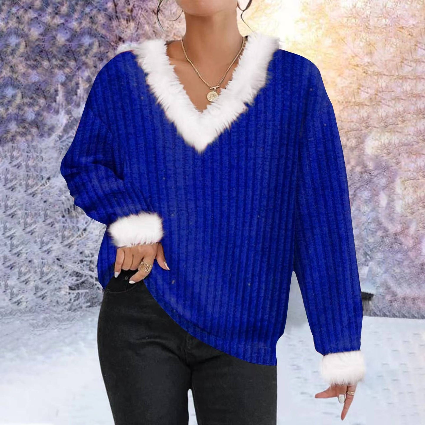 V WOOL COLLAR CLIP COTTON VERTICAL STRIPE SWEATER