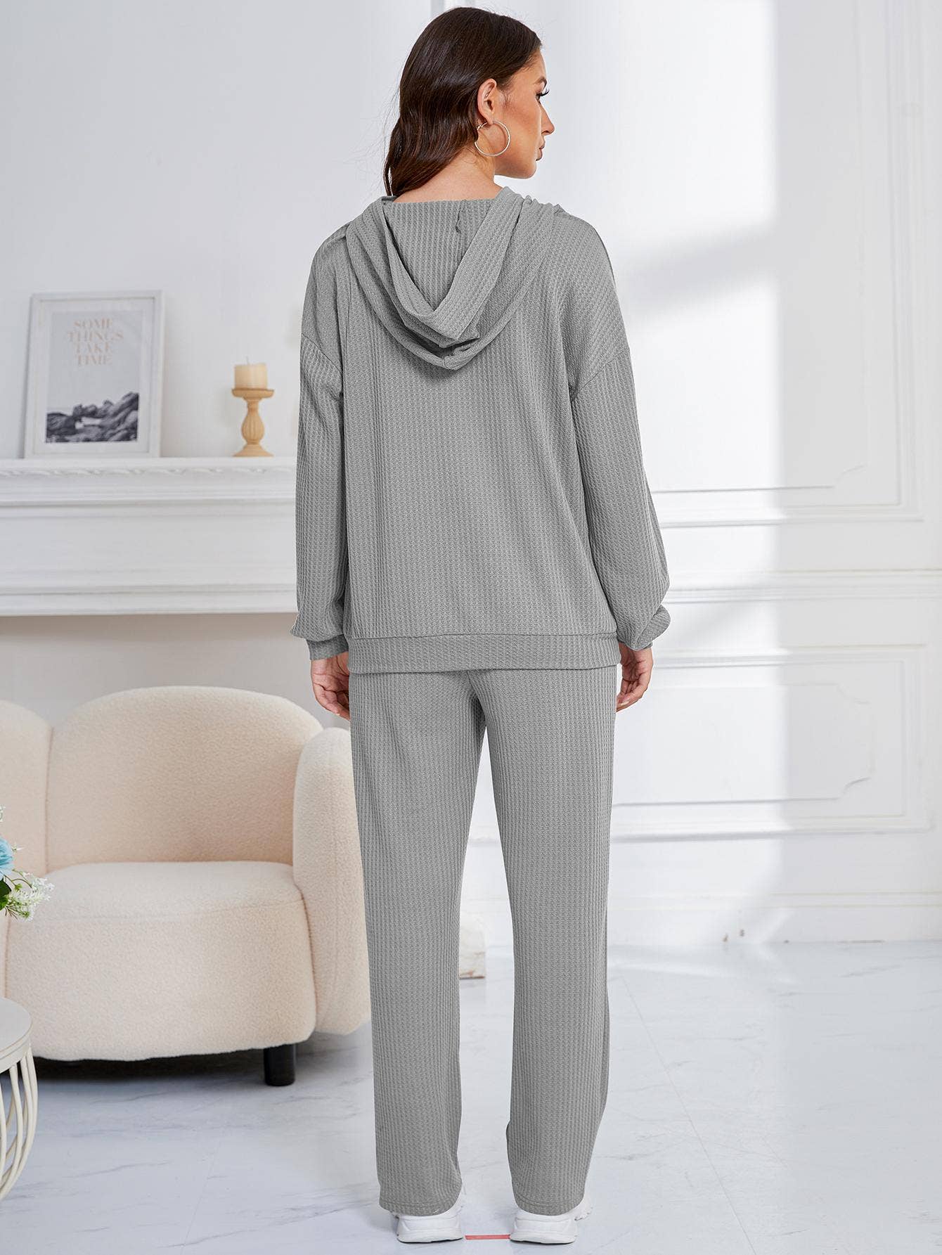 WAFFLE TWO-PIECE LOUNGEWEAR WITH LONG SLEEVES