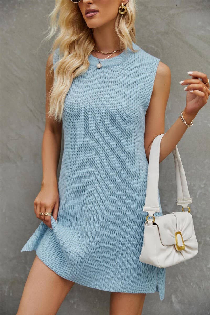 ROUND COLLAR SHORT FASHION SPLIT KNITTING DRESS_CWDSD2848