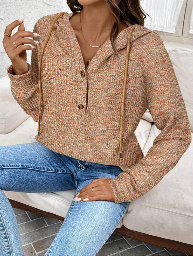 WAFFLE BUTTON-UP HOODIE LOOSE LONG-SLEEVED HOODIE