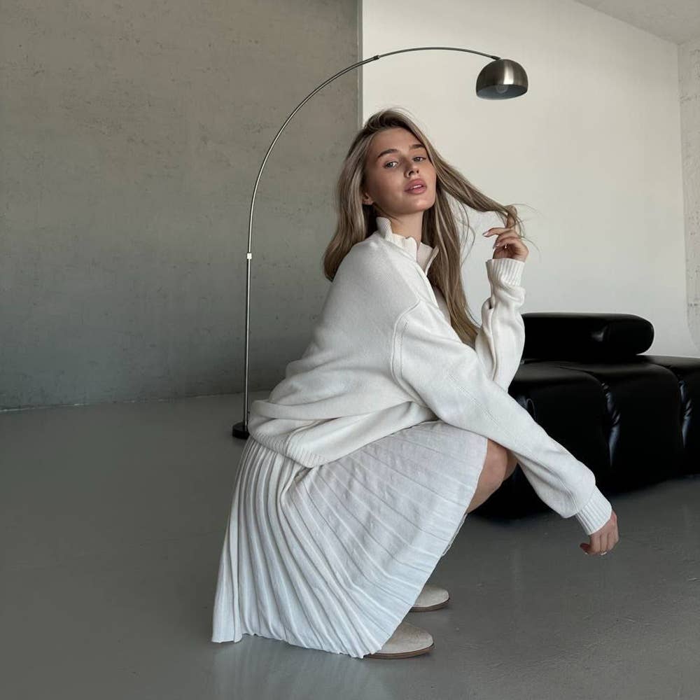 Two-piece knitted sweater and short skirt set