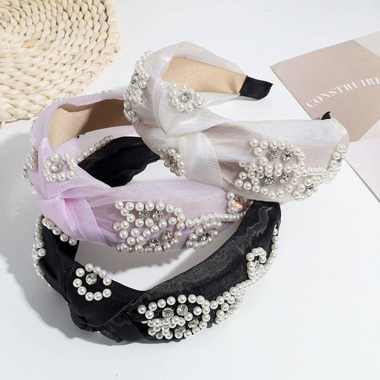 WIDE KNOTTED HEADBAND MESH PEARL HEADBAND