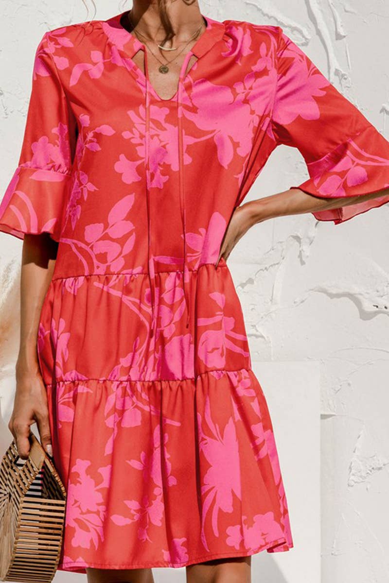 V NECK FLARED SLEEVE PATCHWORK DRESS_CWDSD2463