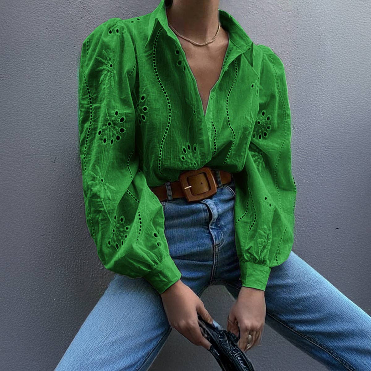 EMBROIDERED LOOPED LONG-SLEEVED LAPEL SHIRT